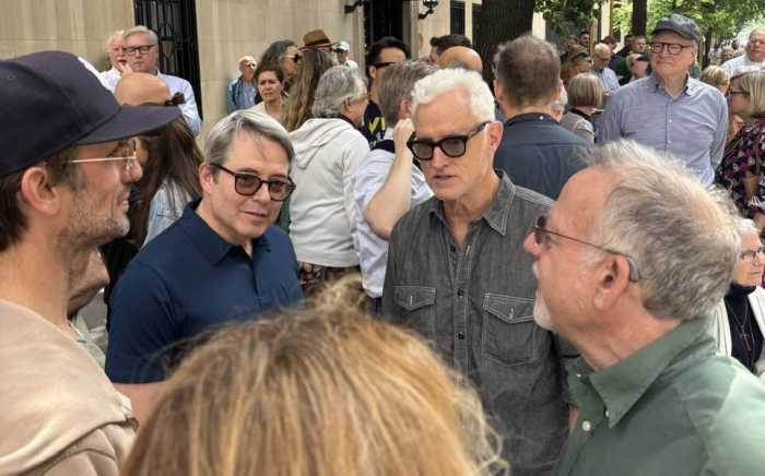 Actors Matthew Broderick (left) and John Slattery (center) with composer and lyricist Marc Shaiman (right).