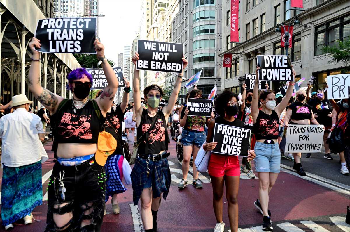 Marchers proceed along Fifth Avenue during the 2025 NYC Dyke March.