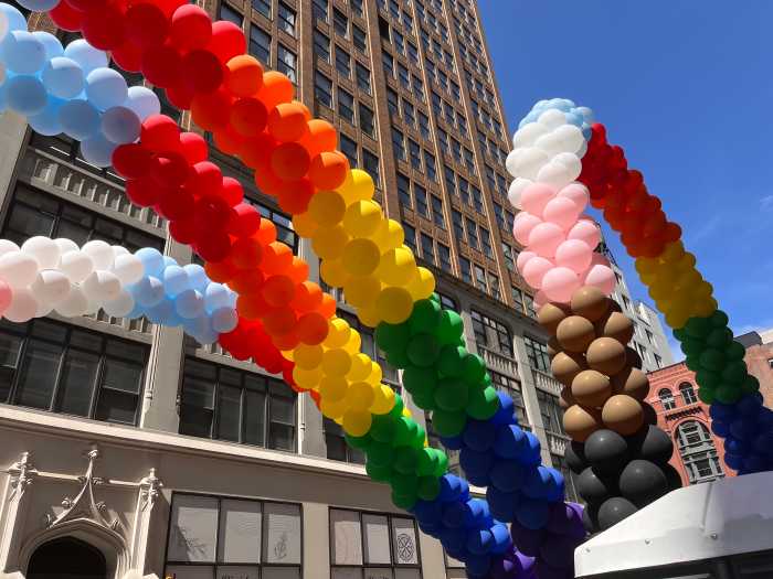 Rainbow balloons float in the air ahead of the NYC Pride March on the morning of June 29.