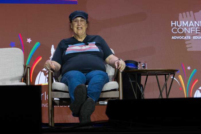 Monica Helms, creator of the Trans Flag, participates in a panel discussion at WorldPride 2025 in Washington.