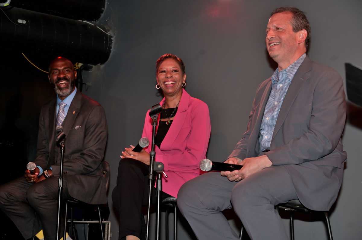 Former Assemblymember Michael Blake, City Council Speaker Adrienne Adams, and Comptroller Brad Lander participate in a mayoral forum at Red Eye NY on May 31, 2025.