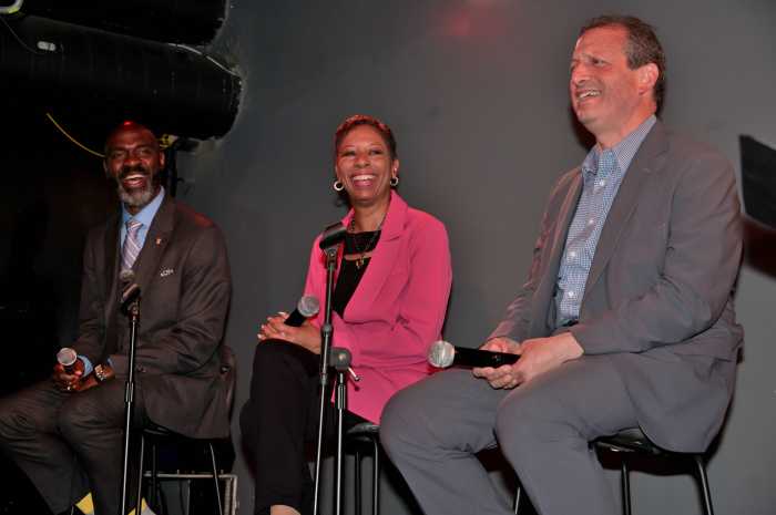 Former Assemblymember Michael Blake, City Council Speaker Adrienne Adams, and Comptroller Brad Lander participate in a mayoral forum at Red Eye NY on May 31, 2025.
