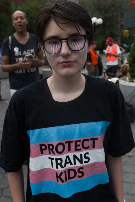Loreli Crean wears the colors of the Trans Flag.