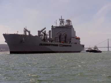 The replenishment oiler USNS Harvey Milk (T-AO 206) transits San Francisco Bay during a namesake visit to San Francisco in 2024.