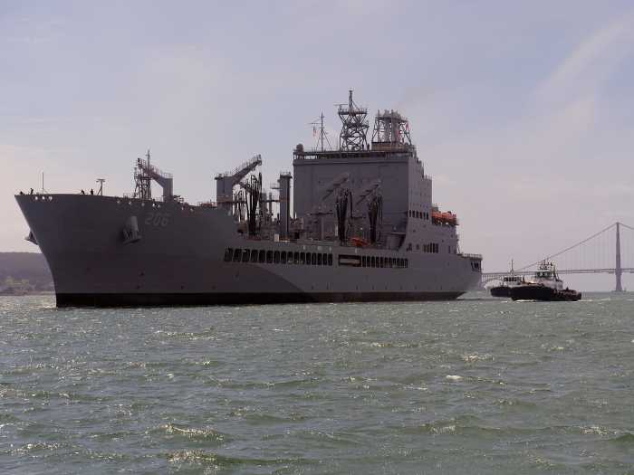 The replenishment oiler USNS Harvey Milk (T-AO 206) transits San Francisco Bay during a namesake visit to San Francisco in 2024.