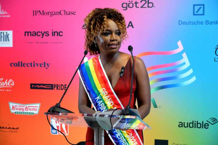 Former White house press secretary Karine Jean-Pierre speaks during the pre-march press conference.