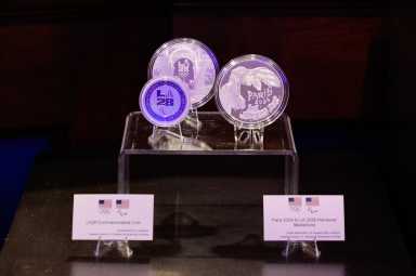 A general view of the LA28 commemorative coins and Paris 2024 to LA 2028 handover medallions during the U.S. Olympic & Paralympic Hall of Fame Class of 2025 Induction Ceremony at The Broadmoor.