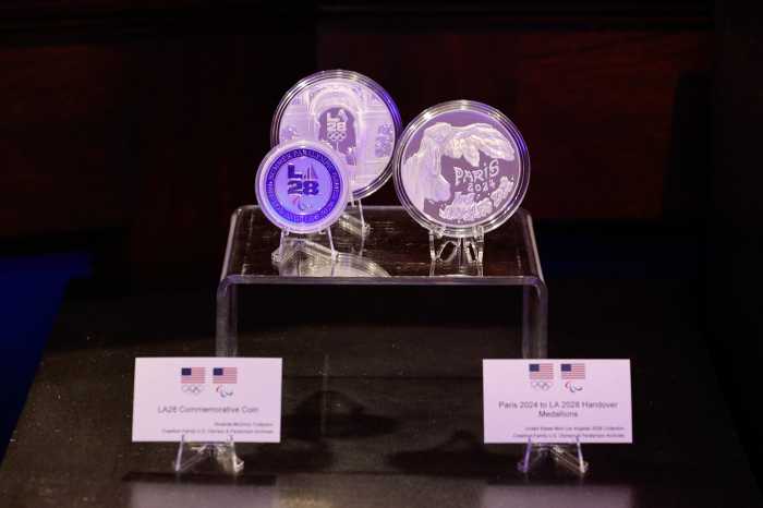 A general view of the LA28 commemorative coins and Paris 2024 to LA 2028 handover medallions during the U.S. Olympic & Paralympic Hall of Fame Class of 2025 Induction Ceremony at The Broadmoor.