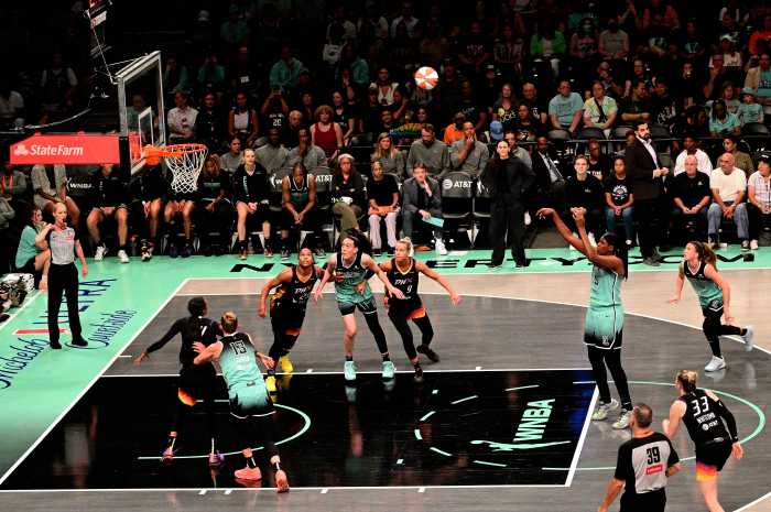 Jonquel Jones, who was the 2021 WNBA MVP and the 2024 WNBA Finals MVP, shoots a free throw.