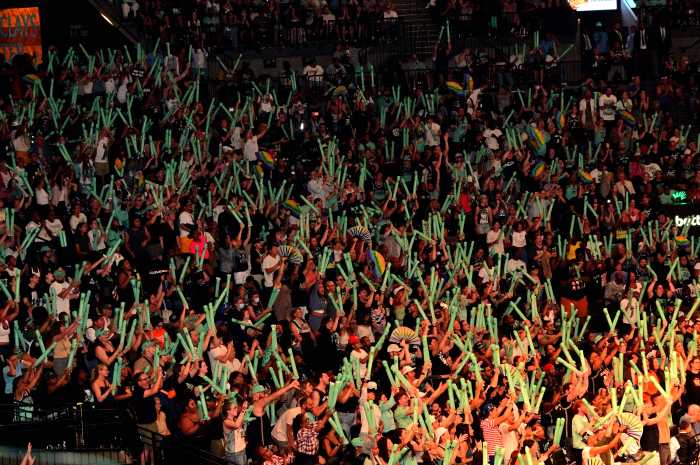 A big crowd of fans in the stadium at Barclays Center for Pride Night.