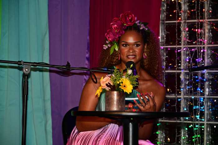Podcast host, journalist, and activist Raquel Willis speaks to the crowd at Stonewall in commemoration of what would have been Marsha P. Johnson's 80th birthday.