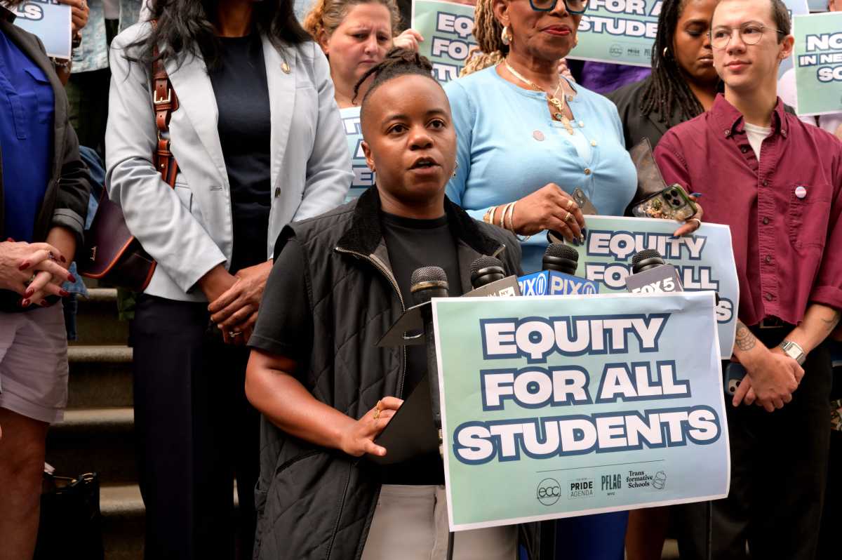 Kei Williams, the executive director of New Pride Agenda, delivers remarks on the steps of The Tweed Courthouse in Manhattan on Sept. 30.