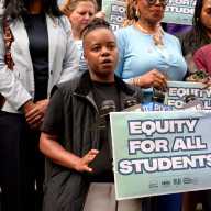 Kei Williams, the executive director of New Pride Agenda, delivers remarks on the steps of The Tweed Courthouse in Manhattan on Sept. 30.