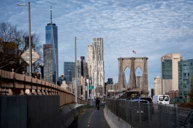 The Brooklyn Bridge and parts of the New York City skyline are visible on Nov. 5, 2025.