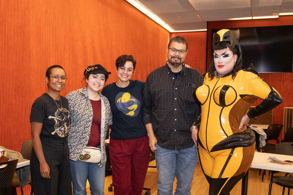 Participating artists (standing left to right) Sharon De La Cruz, Mariela Figueroa, Eliana Falcón-Dvorsky, Ivan Velez, and panel moderator Megami.