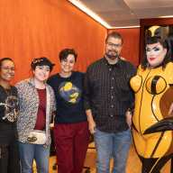 Participating artists (standing left to right) Sharon De La Cruz, Mariela Figueroa, Eliana Falcón-Dvorsky, Ivan Velez, and panel moderator Megami.