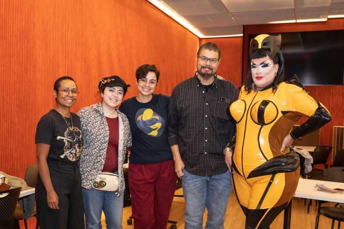Participating artists (standing left to right) Sharon De La Cruz, Mariela Figueroa, Eliana Falcón-Dvorsky, Ivan Velez, and panel moderator Megami.