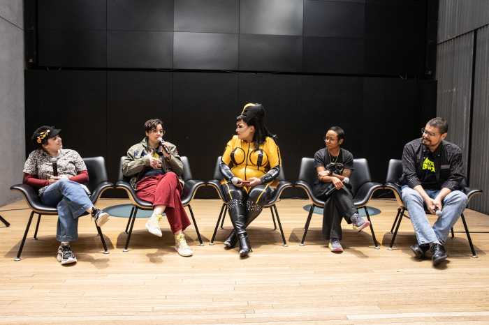 Participating artists (seated Left to Right) Mariela Figueroa, Eliana Falcón-Dvorsky, panel moderator Megami, Sharon De La Cruz, and Ivan Velez.