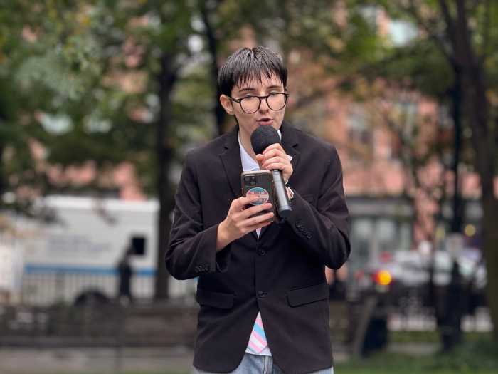 Lorelei Crean, the lead organizer of New York City Youth for Trans Rights, addresses the audience.