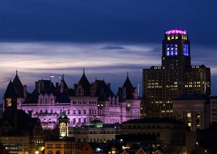The New York State Capitol building (left) and the Alred E. Smith State Office Building.