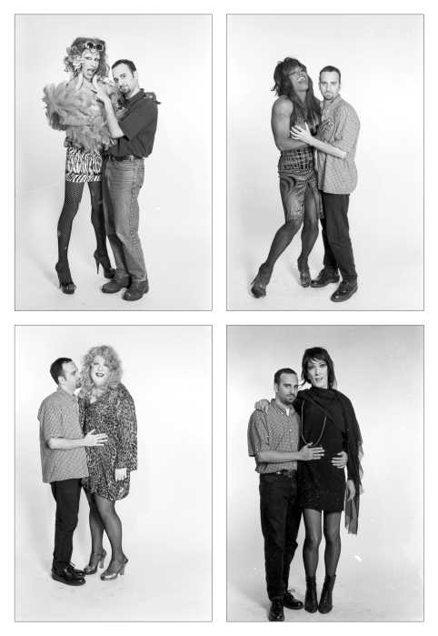 Julian Fleisher poses with different drag artists in a collection of snapshots.
