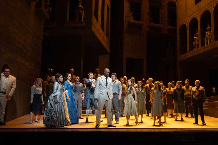 A scene from Mozart's "Don Giovanni" featuring Adam Plachetka as Leporello, Janai Brugger as Donna Elvira, Federica Lombardi as Donna Anna, Ben Bliss as Don Ottavio, Ryan Speedo Green as Don Giovanni, William Guanbo Su as Masetto, and Hera Hysesang Park as Zerlina.
