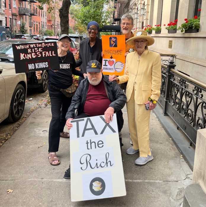 Michael McKee at the No King's March on Oct. 18 with Pamela Wolff, Michael’s aide; Eric Stenshoel; Gail Cunningham; and Joy Franz.