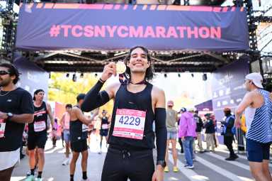 Daniel Mata reacts at the finish line after completing the TCS New York City Marathon on Nov. 2, 2025.