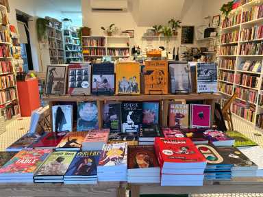 Books on display at Hive Mind Books, a queer-focused bookstore in Brooklyn.