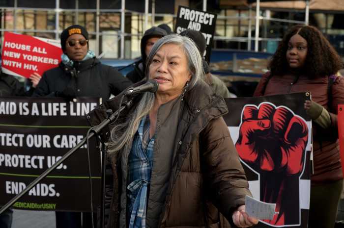 Ivy Arce speaks at the NYC AIDS Memorial.