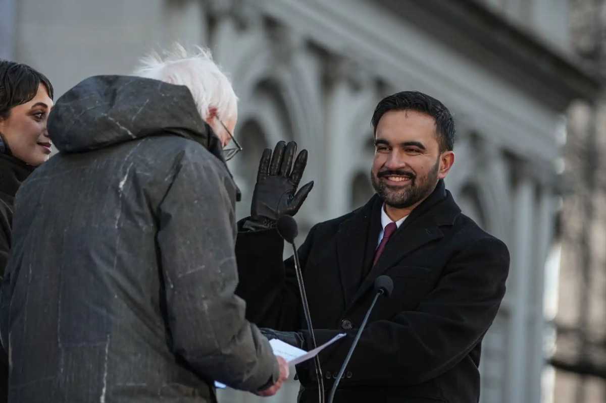 Mayor Zohran Mamdani is sworn in by Vermont Senator Bernie Sanders.