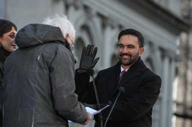 Mayor Zohran Mamdani is sworn in by Vermont Senator Bernie Sanders.