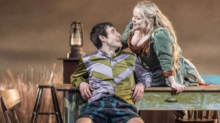 Éanna Hardwicke (Christy Mahon) and Nicola Coughlan (Pegeen Mike) in "Playboy of the Western World."