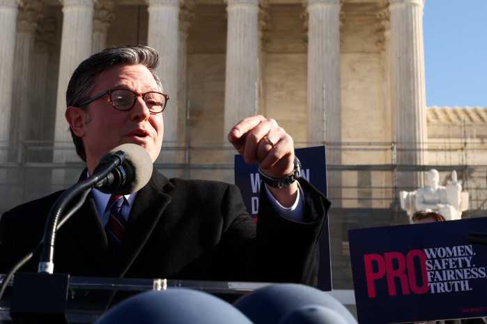 U.S. House Speaker Mike Johnson (R-LA) speaks outside the U.S. Supreme Court as justices heard oral arguments in two cases concerning efforts to enforce Republican-backed state laws banning transgender athletes from female sports teams at public schools, in Washington, D.C., U.S., January 13, 2026. 