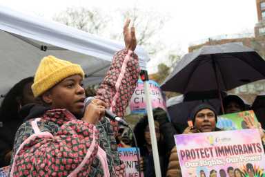New Pride Agenda's Kei Williams delivers remarks during a rally for trans youth on Jan. 10, 2026.