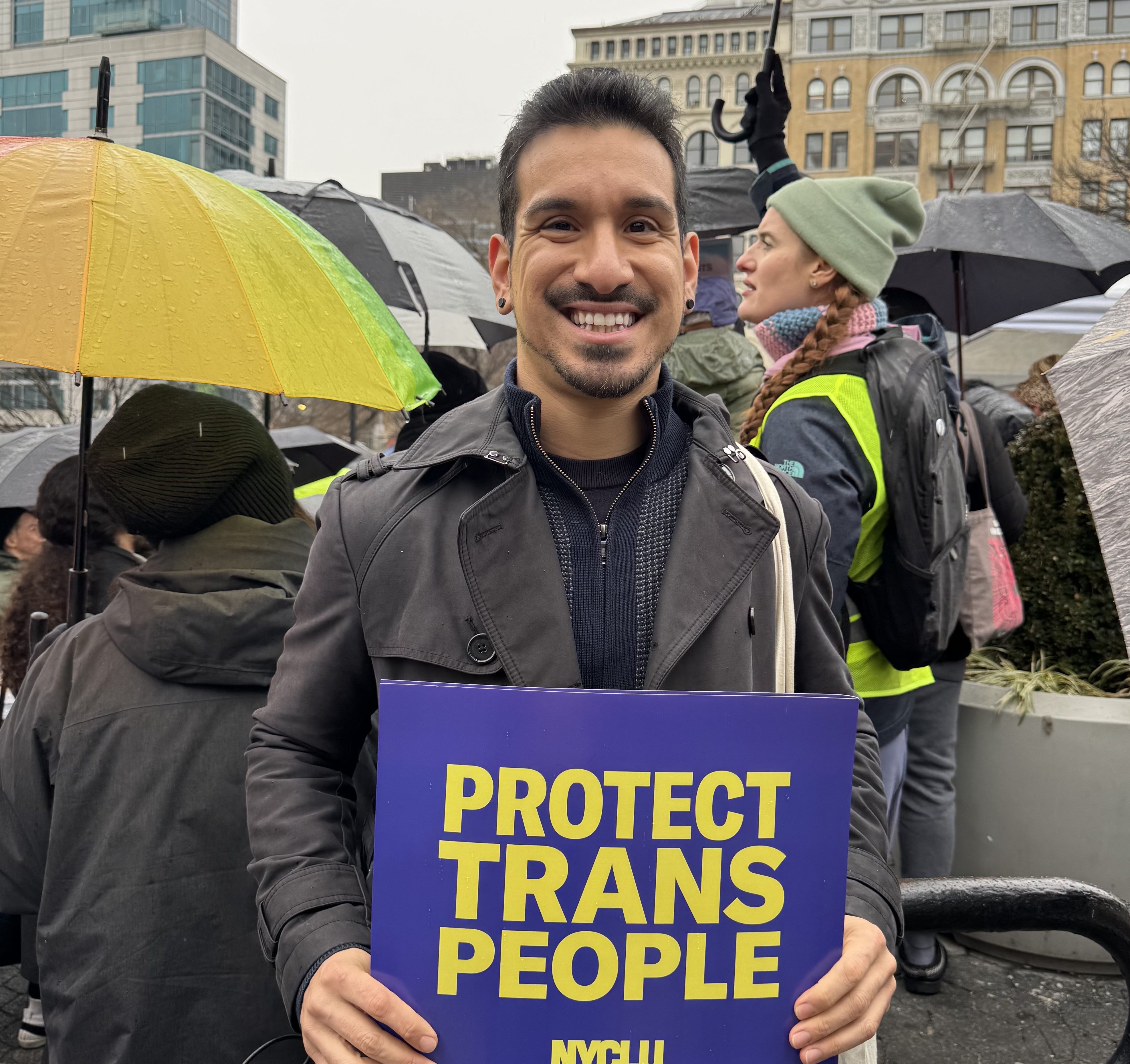 Brian Romero, seen here at a rally for trans youth on Jan. 10, is running for office in the 34th Assembly District.