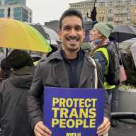 Brian Romero, seen here at a rally for trans youth on Jan. 10, is running for office in the 34th Assembly District.