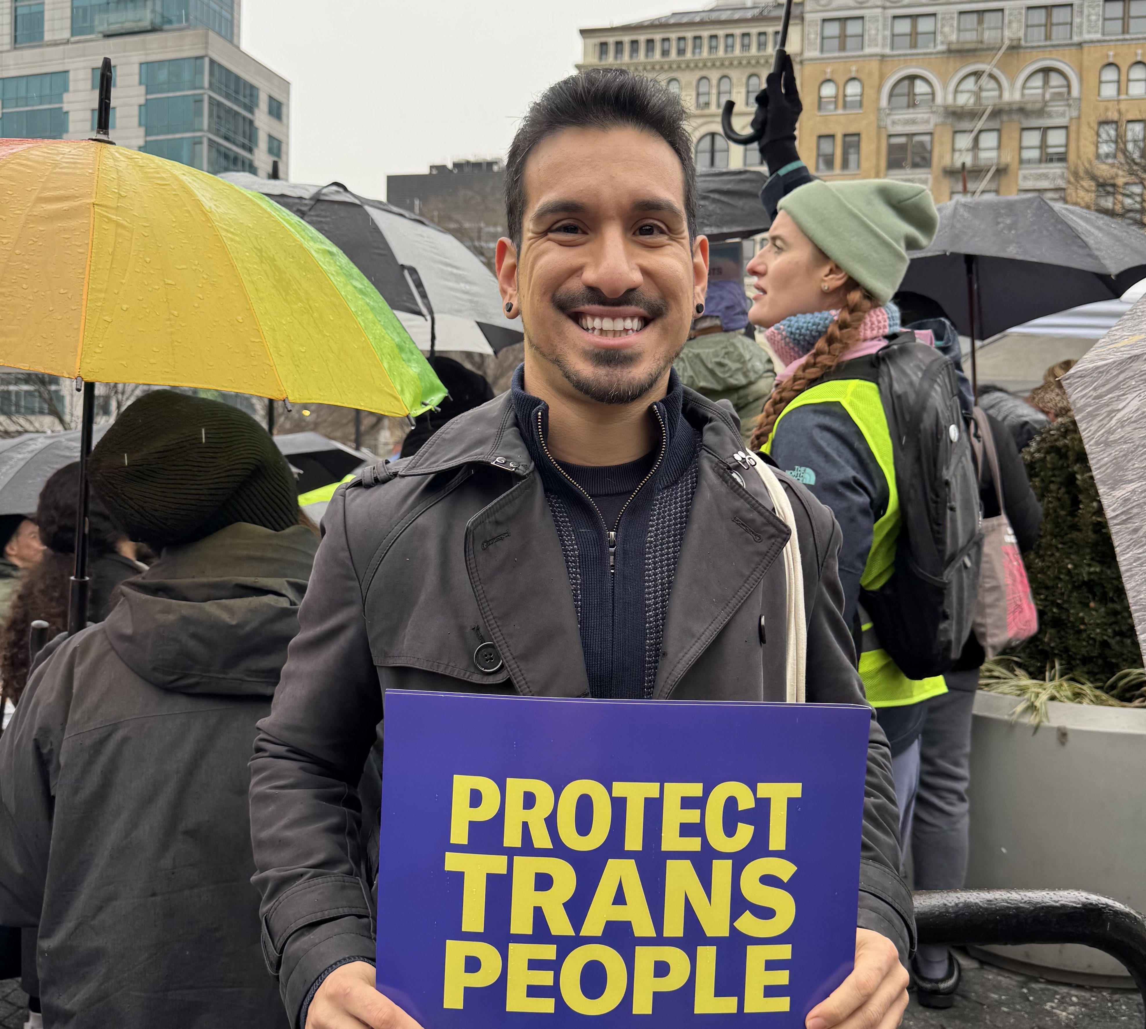 Brian Romero, seen here at a rally for trans youth on Jan. 10, is running for office in the 34th Assembly District.