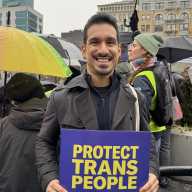 Brian Romero, seen here at a rally for trans youth on Jan. 10, is running for office in the 34th Assembly District.