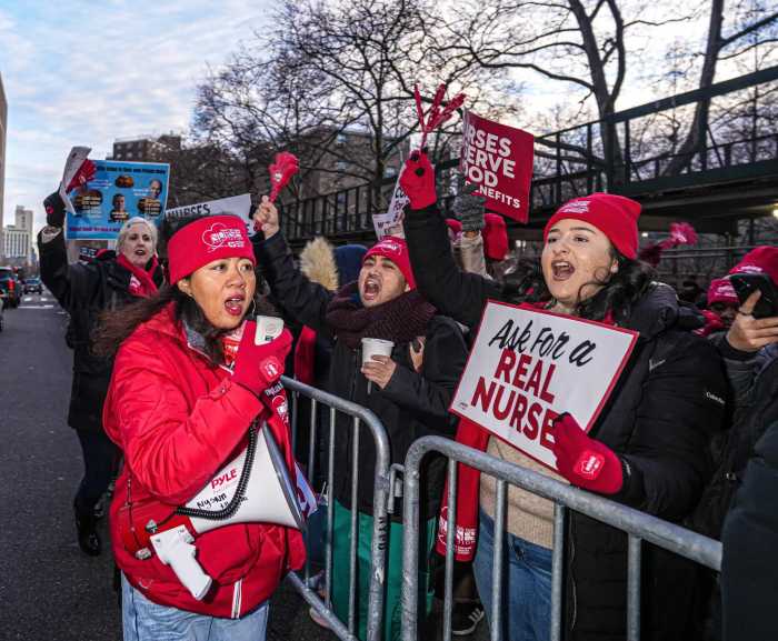 Nurses make their demands clear on the picket line outside Mount Sinai on Jan. 12, 2026.