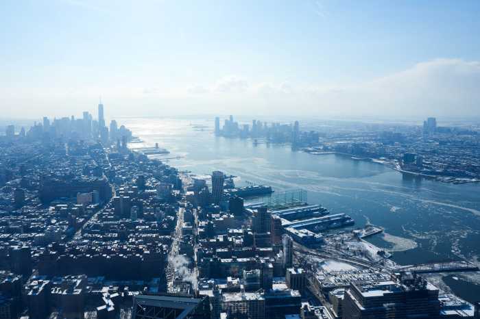 A view of Manhattan and the Hudson River during cold temperatures as seen from the Edge observation deck in New York City, U.S., February 03, 2026.