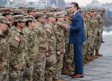 U.S. Defense Secretary Pete Hegseth speaks to U.S. Army National Guard soldiers after a re-enlistment ceremony at the base of the Washington Monument in Washington, D.C., U.S., February 6, 2026.