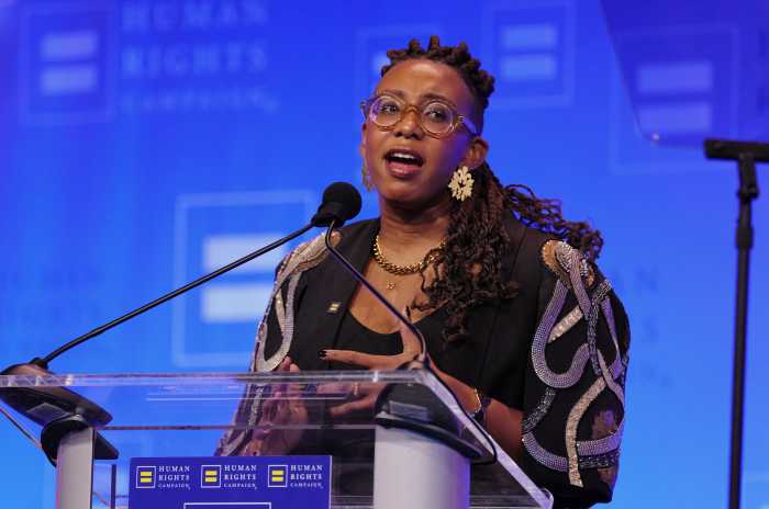 Kelley Robinson, president, HRC and HRC Foundation, speaks onstage during the Human Rights Campaign 2026 Greater New York Dinner at Marriott Marquis Times Square on February 07, 2026 in New York City. 