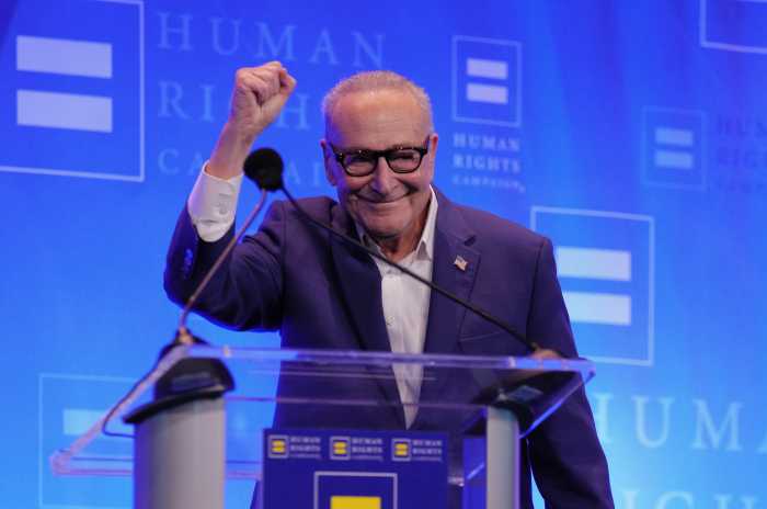 US Senate Minority Leader Chuck Schumer (D-NY) speaks onstage during the Human Rights Campaign 2026 Greater New York Dinner at Marriott Marquis Times Square on February 07, 2026 in New York City. 