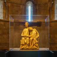 The culminating piece of the exhibit is a 14th century German statue borrowed from the Cleveland Museum of Art, depicting Jesus and John the Baptist in the style of a married couple. The plaque describes how medieval viewers would have seen their relationship as a form of marriage “with Jesus in the role of the groom” and one that “stretched gender roles and sexual identities.”