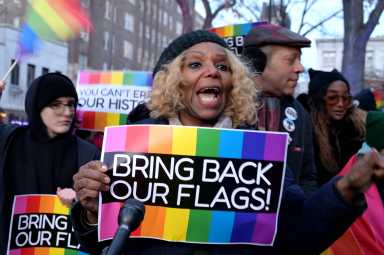 Tanya Asapansa-Johnson Walker, a co-founder of New York Transgender Advocacy Group, speaks at a rally at Christopher Park on Feb. 10.