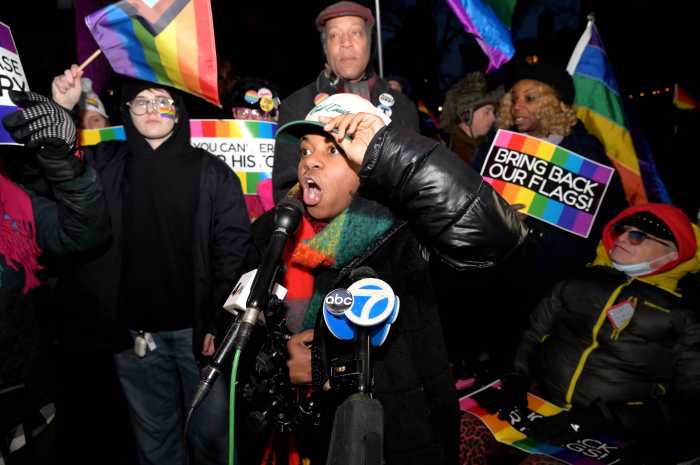 Kei Williams of New Pride Agenda speaks at Christopher Park on Feb. 10.