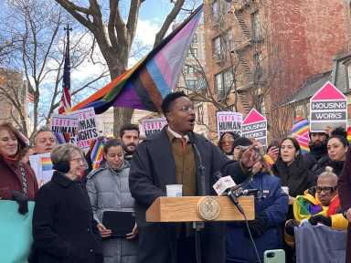 LGBTQIA+ Caucus Co-Chair Chi Ossé delivers remarks during a rally at the Stonewall National Monument flagpole on Feb. 12.