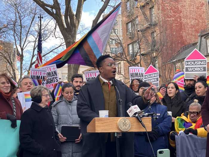 LGBTQIA+ Caucus Co-Chair Chi Ossé delivers remarks during a rally at the Stonewall National Monument flagpole on Feb. 12.
