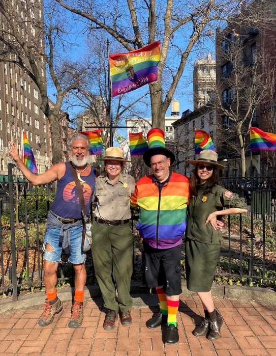 Steven Love Menendez (left) and Michael Petrelis (second from right) with park rangers in 2022.